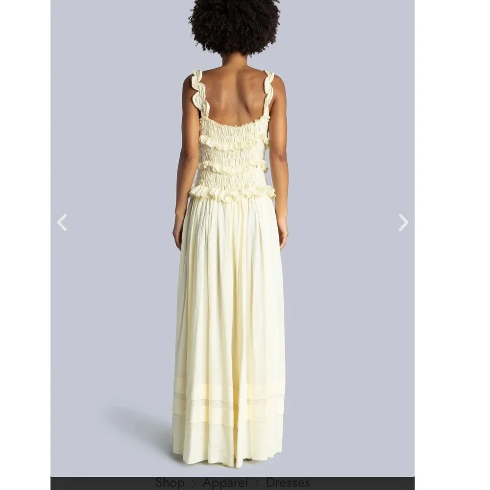 Esthe Pale Yellow Smocked Ruffle Maxi Dress Linen Blend Size S Greece $198 - Picture 3 of 8